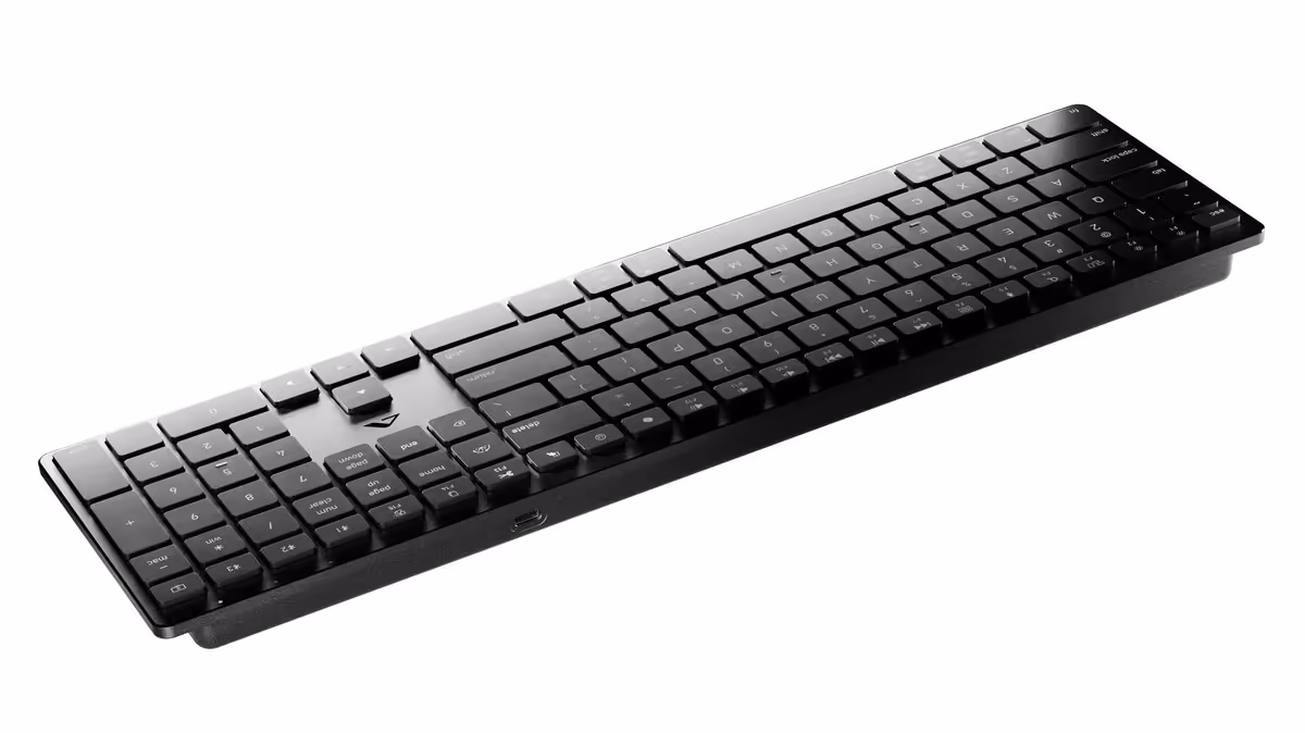 Alogic IFA 2026 : écrans 5K/6K tactiles, docks TB5 et gamme Vision pro 32 Clavier Alogic noir pleine taille avec pavé numérique, vue perspective