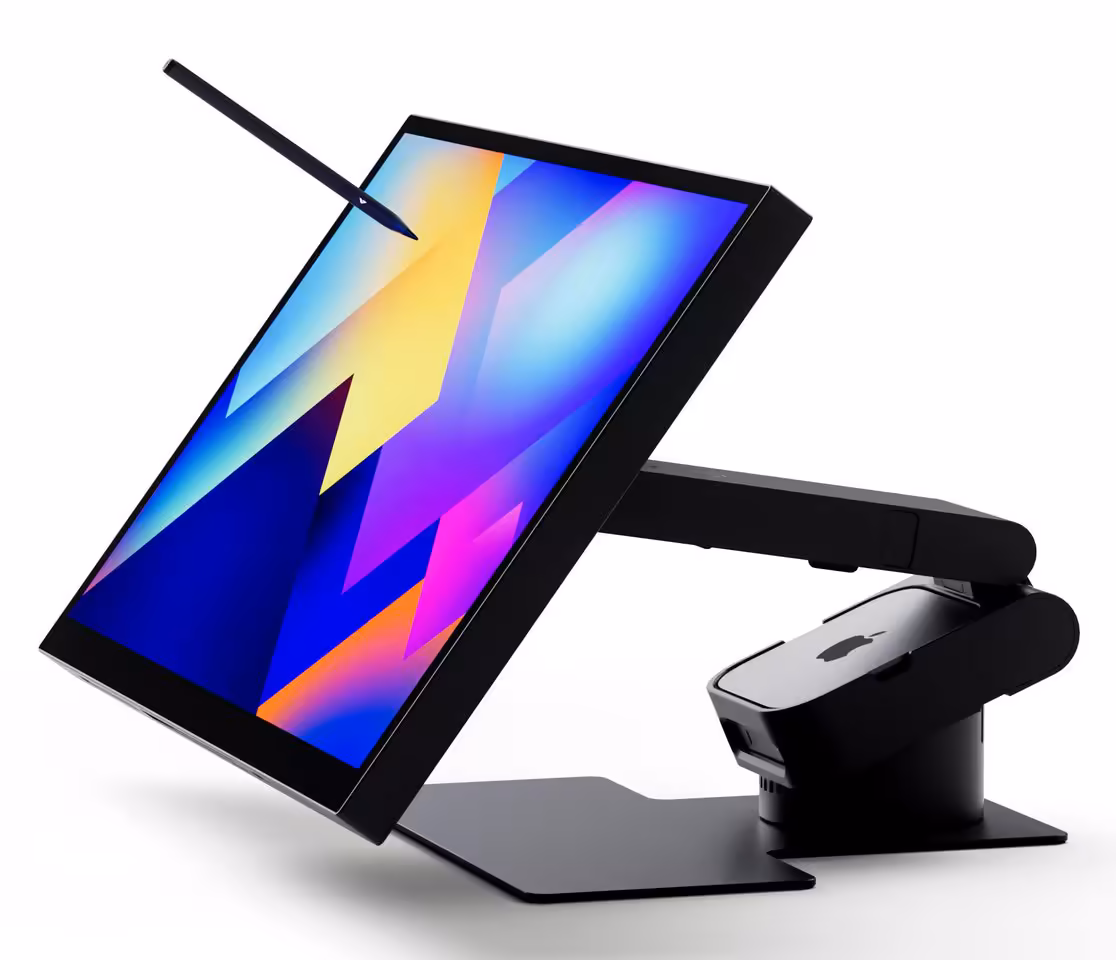 Alogic IFA 2026 : écrans 5K/6K tactiles, docks TB5 et gamme Vision pro 7 Moniteur Alogic tactile 5K en angle avec stylet, support articulé noir