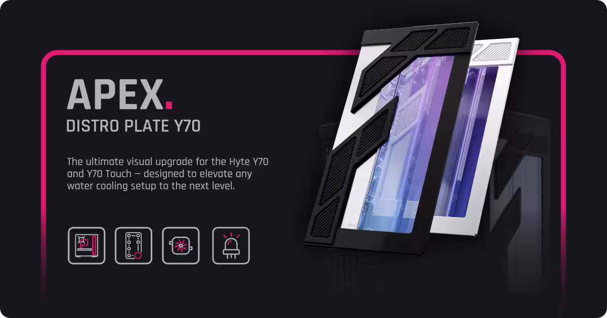 Alphacool Apex : deux distro plates dédiées aux Hyte Y70 à 319,98 euros 2 Visuel promotionnel Alphacool Apex Distro Plate Y70, compatible boîtiers HYTE Y70 et Y70 Touch