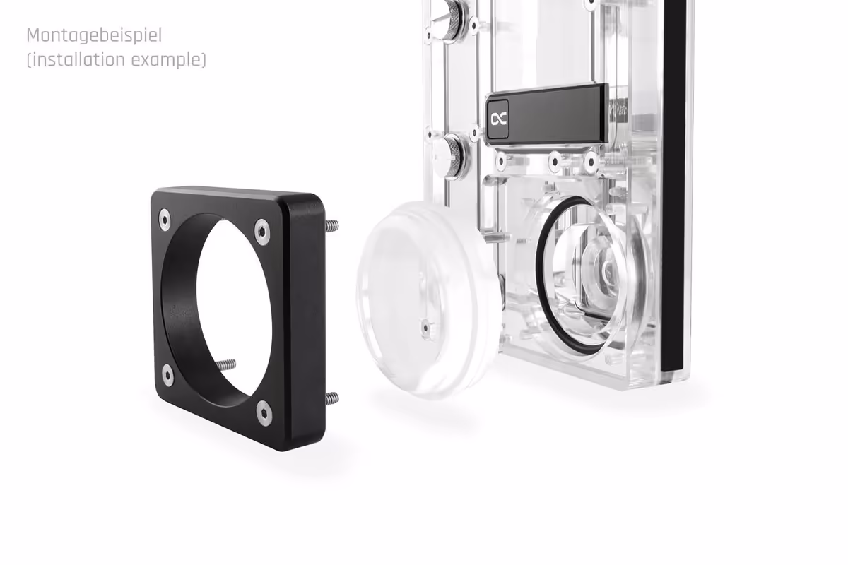Alphacool Apex : deux distro plates dédiées aux Hyte Y70 à 319,98 euros 6 Vue éclatée du système de pompe Alphacool Apex Distro Plate Y70 avec écran OLED DC