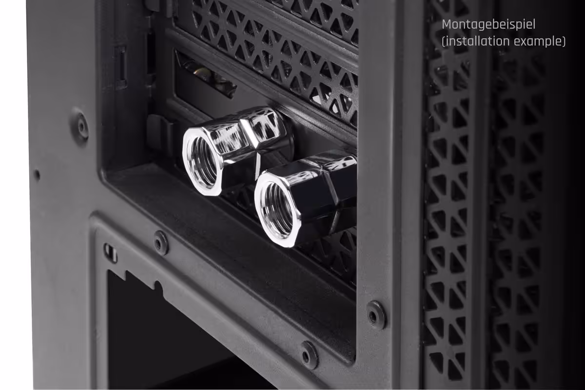 Alphacool ES PCIe Slot Bracket, une équerre pour relier le watercooling externe au PC 5 Exemple d’installation du Alphacool ES PCIe Slot Bracket dans un boîtier PC noir.