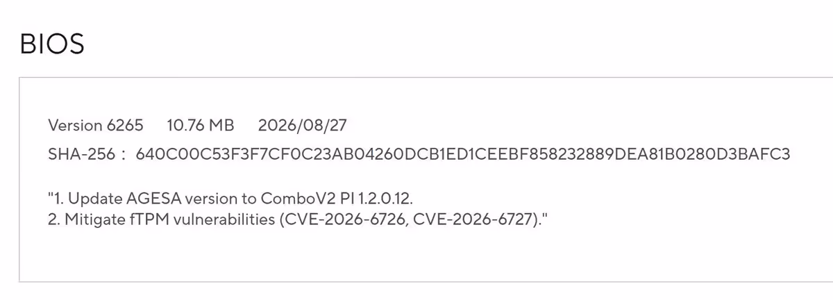 Notes BIOS Gigabyte version 6265 ajoutant AGESA ComboV2 PI 1.2.0.12 et correctifs TPM