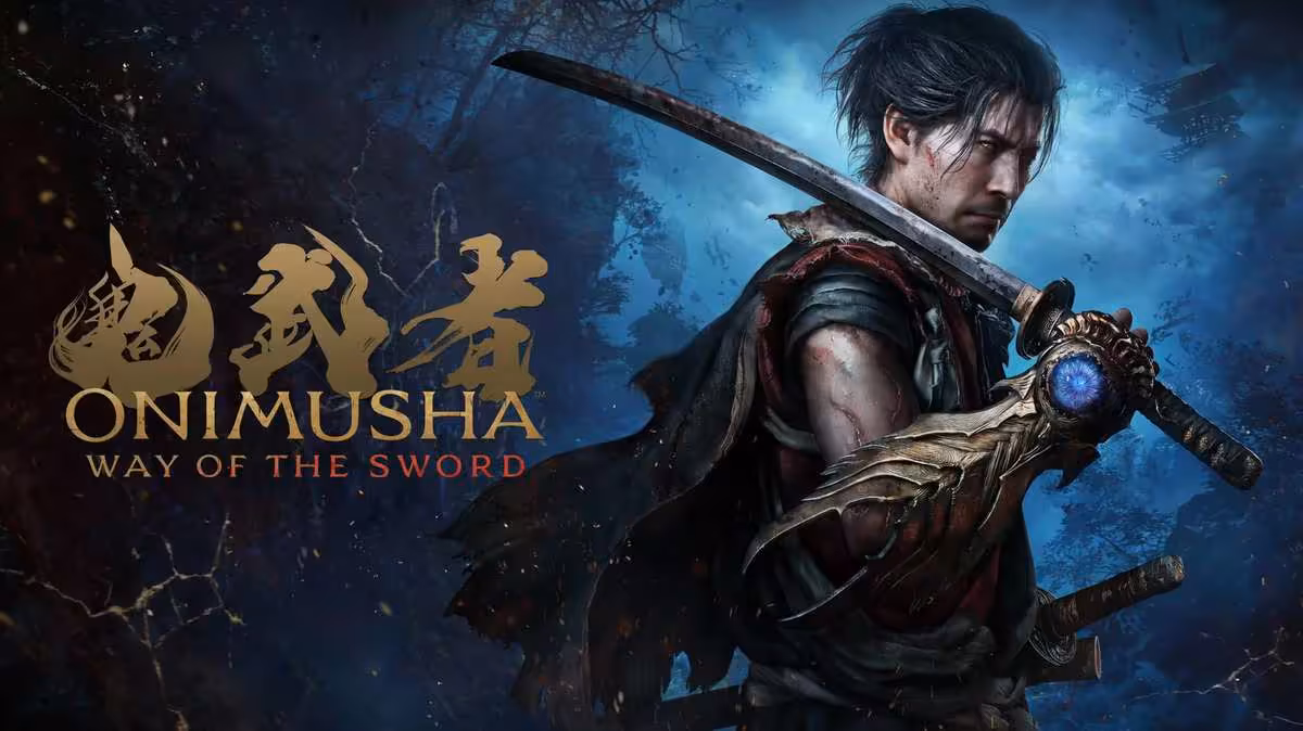 Visuel promotionnel Onimusha: Way of the Sword avec samouraï et katana, logo officiel du jeu