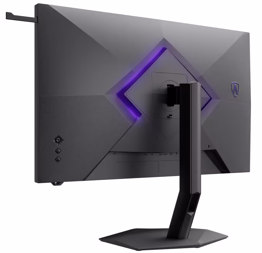 AOC AGP327KG : le premier moniteur gaming 5K avec NVIDIA G-SYNC Pulsar 4 Vue arrière du moniteur AOC AGP327KG AGON Pro, rétroéclairage violet et support noir