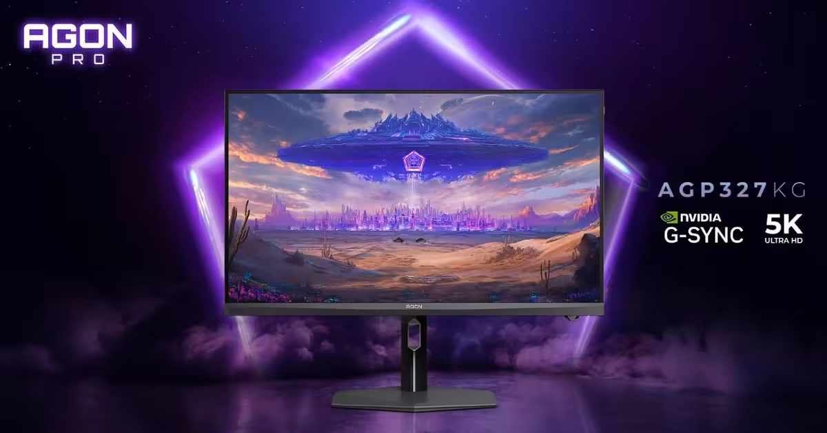 AOC AGP327KG : le premier moniteur gaming 5K avec NVIDIA G-SYNC Pulsar 2 Moniteur gaming AGON Pro AOC AGP327KG 5K UHD, avec logo NVIDIA G-SYNC et fond violet