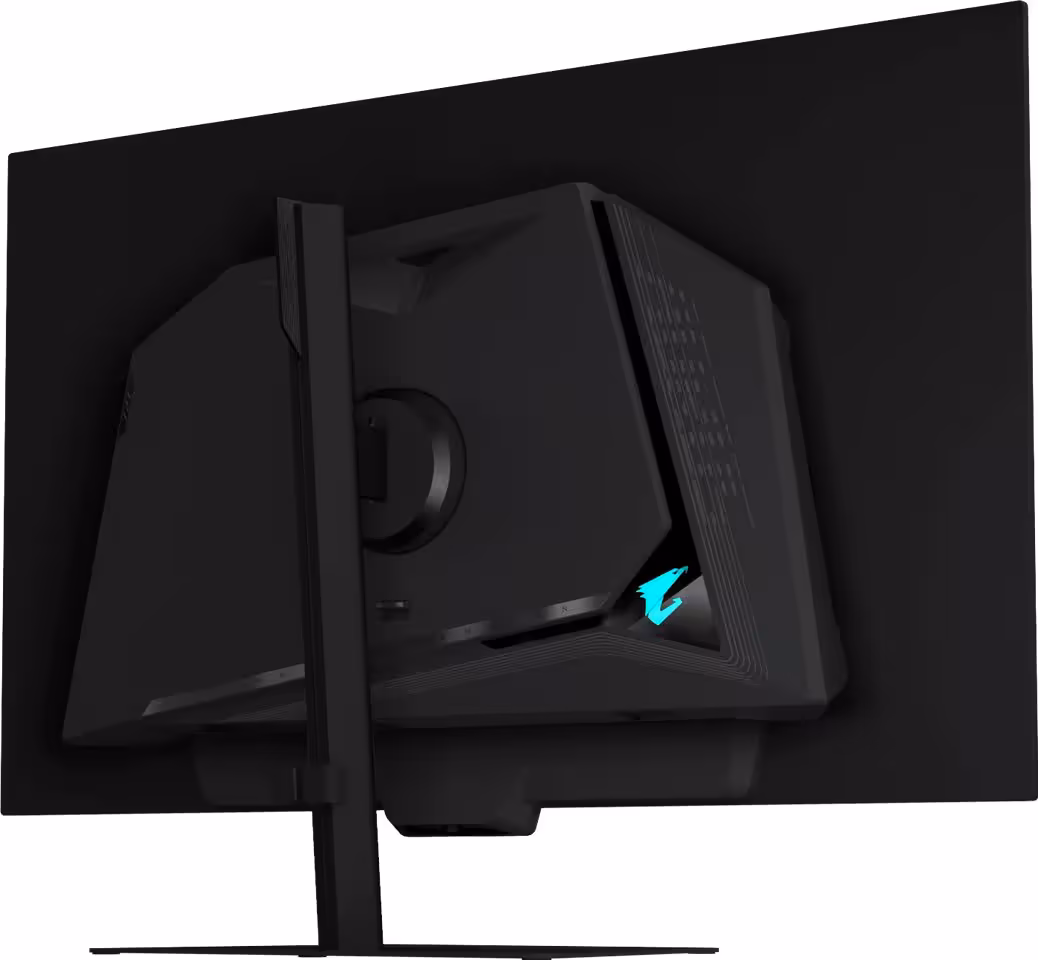 AORUS FO32U24G : Gigabyte détaille son écran OLED 4K 240 Hz et Full HD 480 Hz 2 Vue arrière du moniteur gaming OLED Gigabyte AORUS FO32U2P avec éclairage logo AORUS