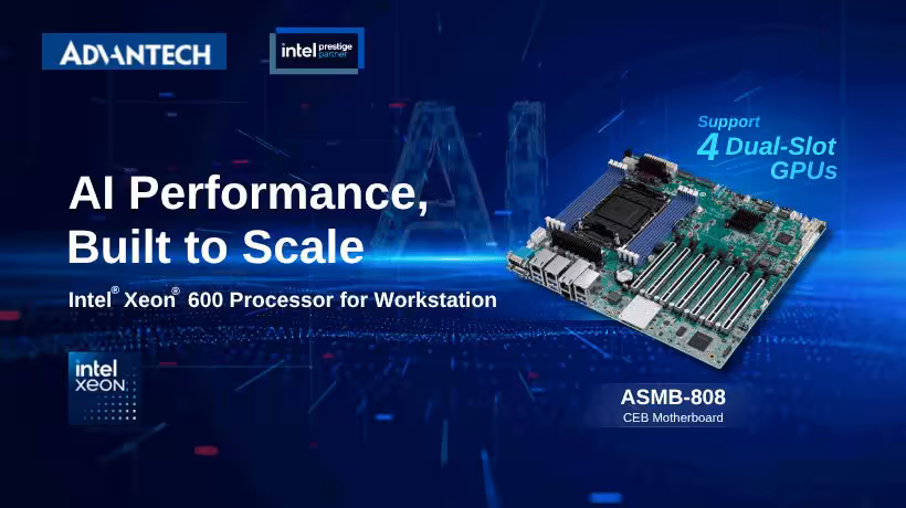 Visuel promotionnel Advantech ASMB-808 avec carte mère CEB et mention Intel Xeon 600 Processor.