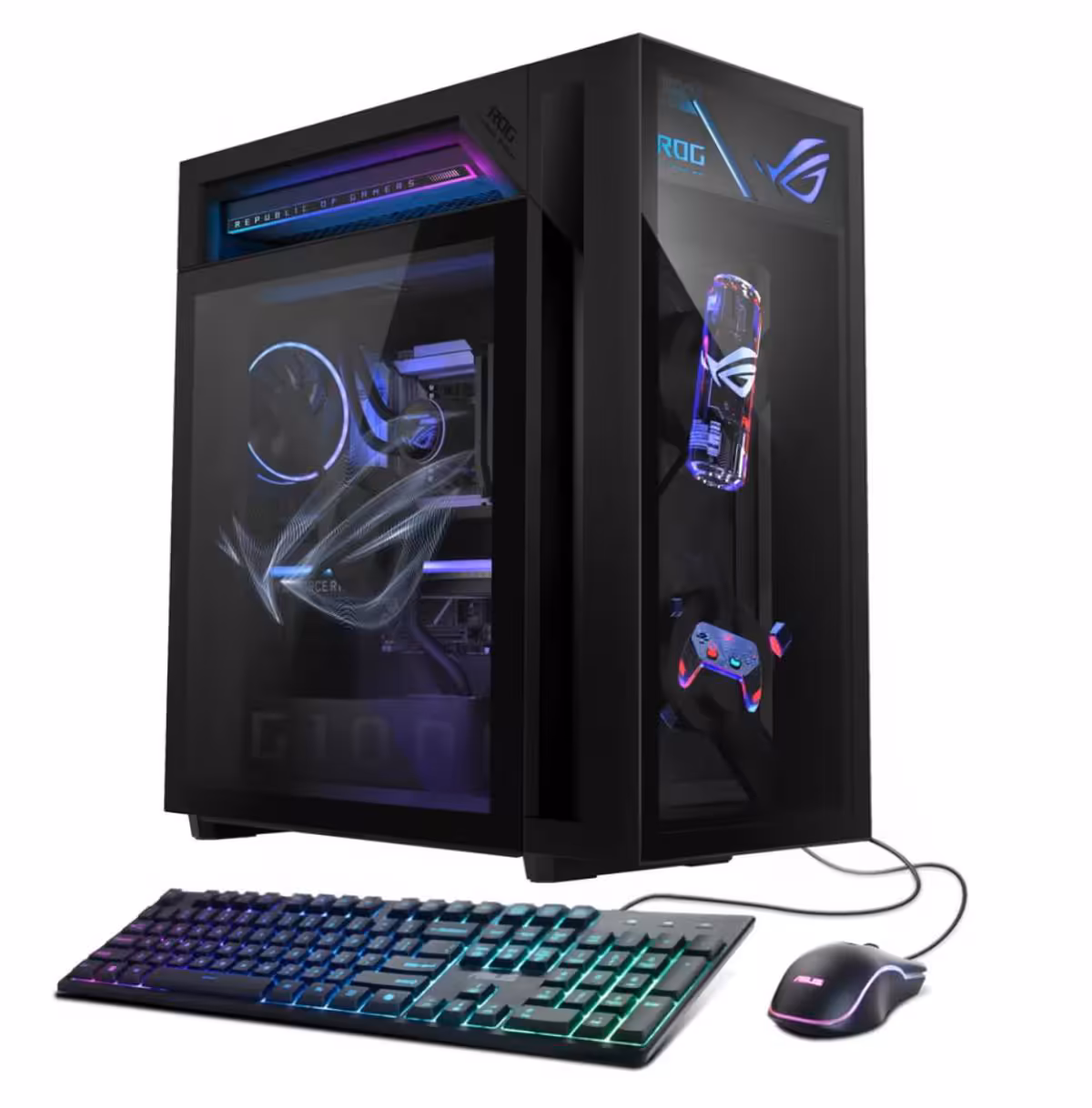 ASUS ROG G1000 : Ryzen X3D, RTX 5080 et refroidissement séparé de 1 000 W 3 ASUS ROG G1000 avec tour vitrée, clavier RGB et souris gaming filaire