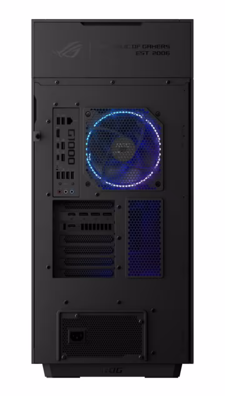 ASUS ROG G1000 : Ryzen X3D, RTX 5080 et refroidissement séparé de 1 000 W 5 Vue arrière du boîtier ASUS ROG G1000 avec ventilateur RGB, ports et alimentation