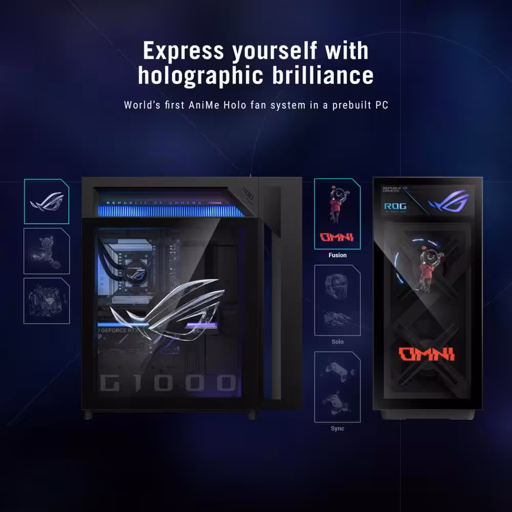 ASUS ROG G1000 : Ryzen X3D, RTX 5080 et refroidissement séparé de 1 000 W 7 Visuel ASUS ROG G1000 présentant les panneaux holographiques Anime Holo personnalisables latéral et frontal