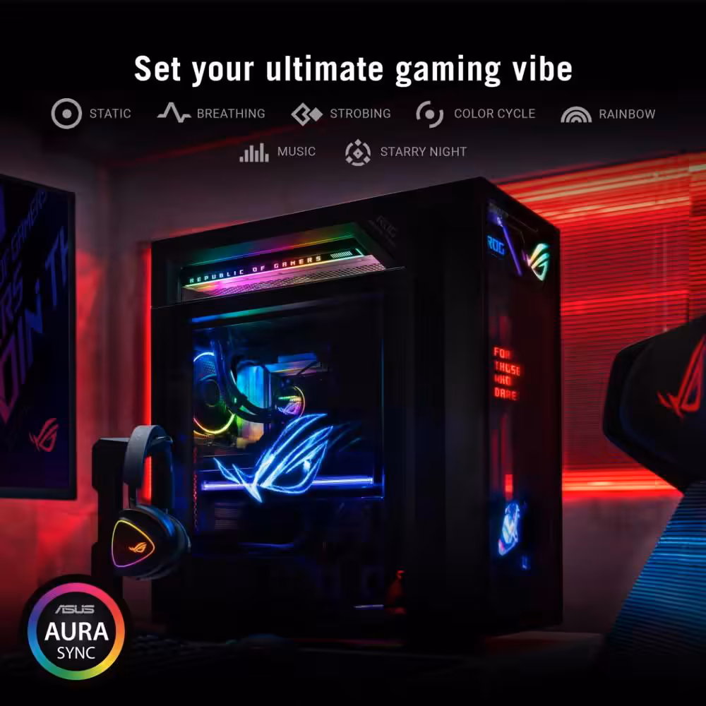 ASUS ROG G1000 : Ryzen X3D, RTX 5080 et refroidissement séparé de 1 000 W 8 ASUS ROG G1000 illuminé par ASUS Aura Sync, présentant les modes d’éclairage RGB gaming