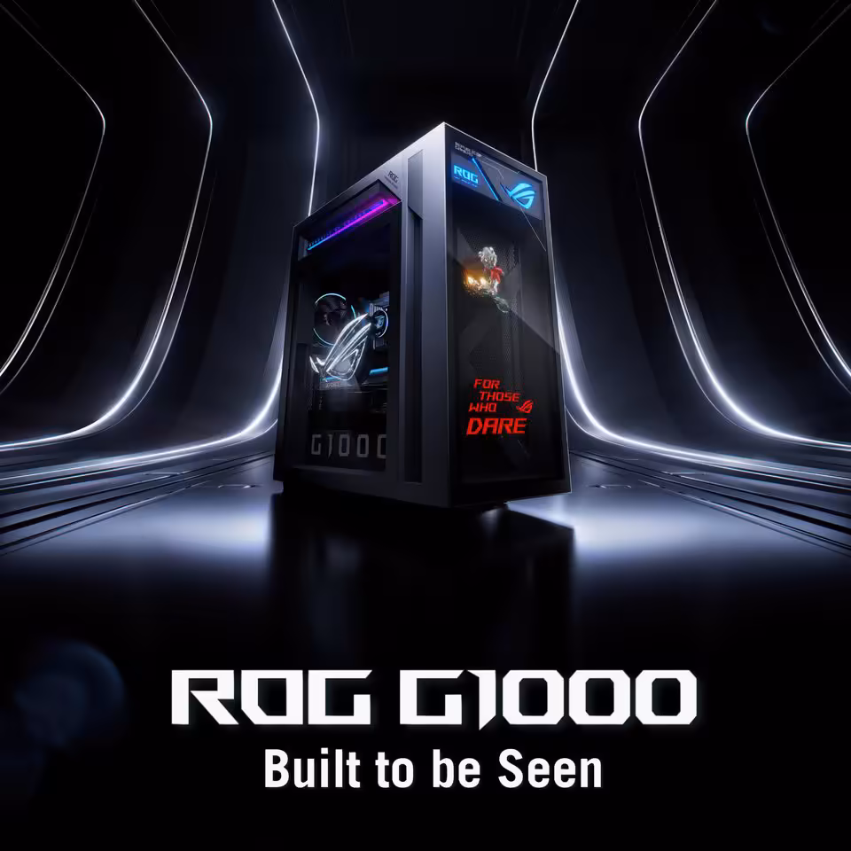 ASUS ROG G1000 : Ryzen X3D, RTX 5080 et refroidissement séparé de 1 000 W 2 PC gaming ASUS ROG G1000 noir, panneau vitré et éclairage RGB, visuel Built to be Seen
