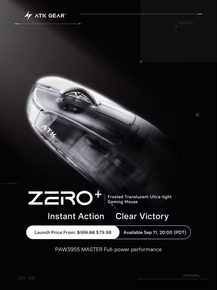 ATK Blazing Sky Zero+ et EX+ : capteur PAW 3955, MCU Nordic 54H20 et 8 kHz 3 Souris gaming ATK Zero+ d’ATK Gear, vue produit inclinée avec mention capteur PAW3955 MASTER.