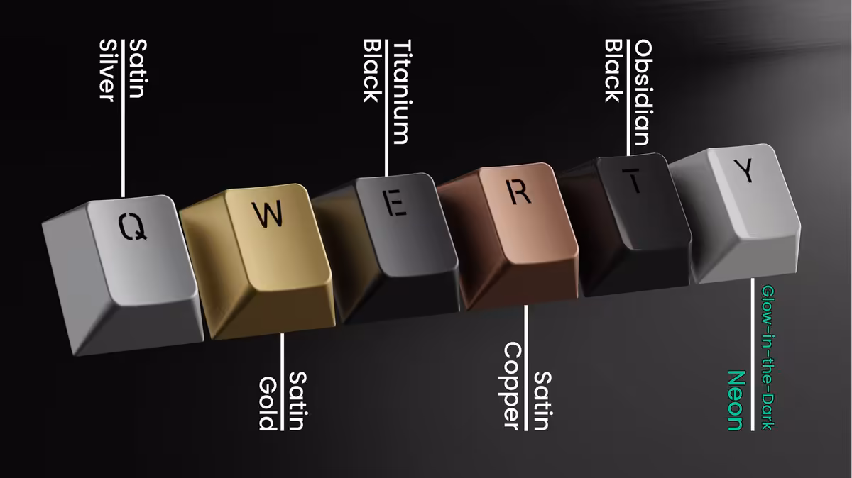 Awekeys RGB dévoile des keycaps métal translucides pour switches MX dès 169 dollars 3 Keycaps métalliques Awekeys RGB couleurs Silver, Gold, Titanium Black, Copper, Obsidian Black et Neon
