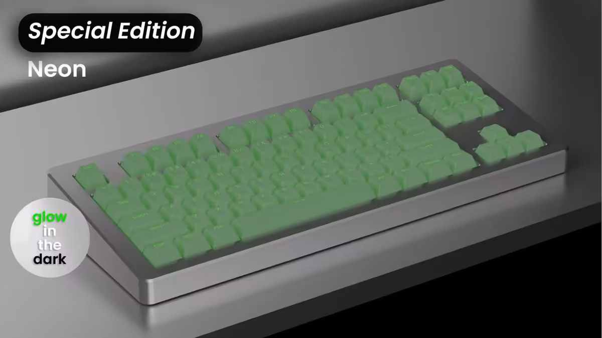 Awekeys RGB dévoile des keycaps métal translucides pour switches MX dès 169 dollars 6 Édition spéciale Neon Awekeys RGB avec keycaps verts phosphorescents glow in the dark