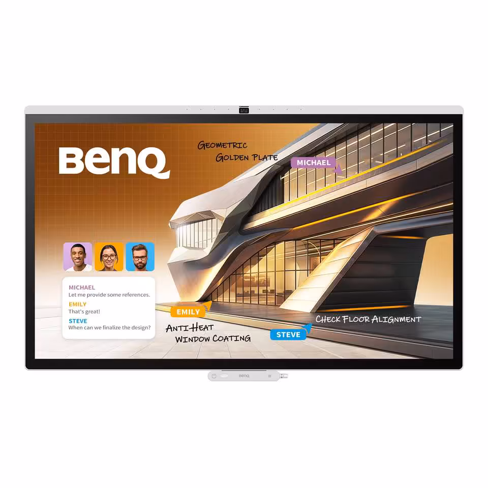 Écran interactif BenQ de face, affichant une maquette architecturale et des annotations de collaboration.