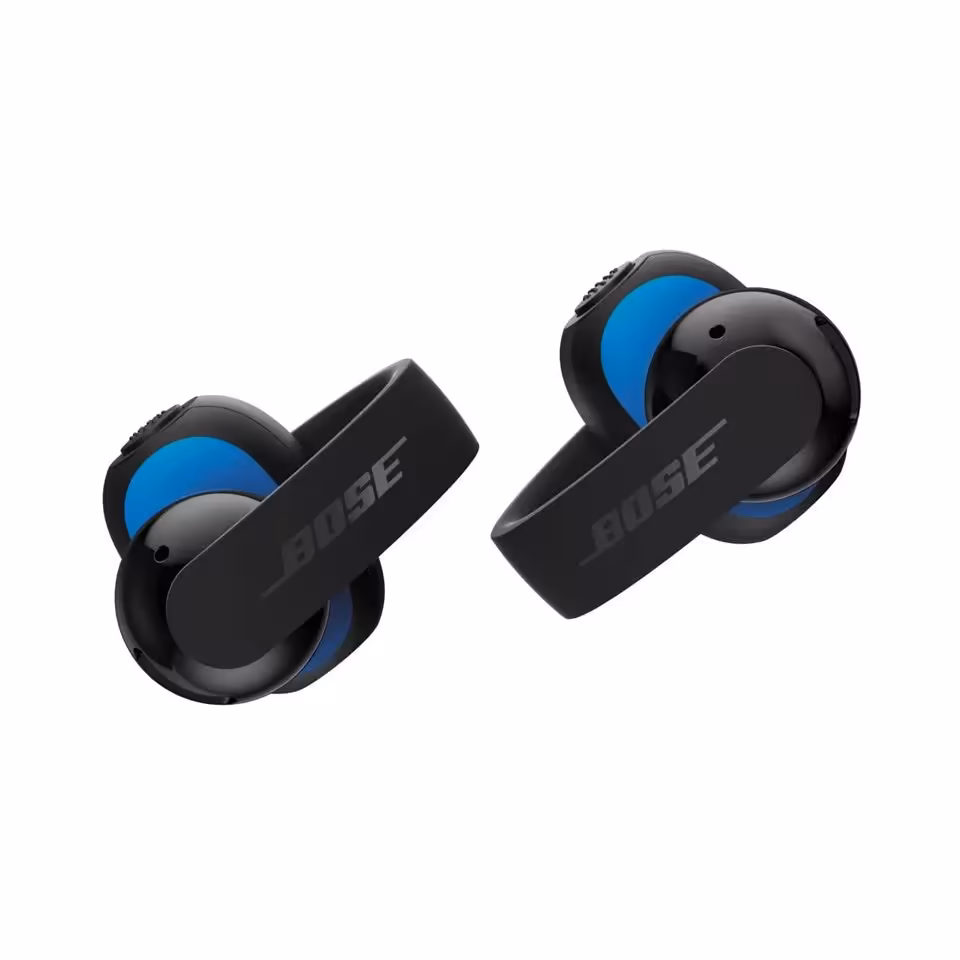 Bose Ultra Open Earbuds noires avec accents bleus, vue produit sur fond blanc