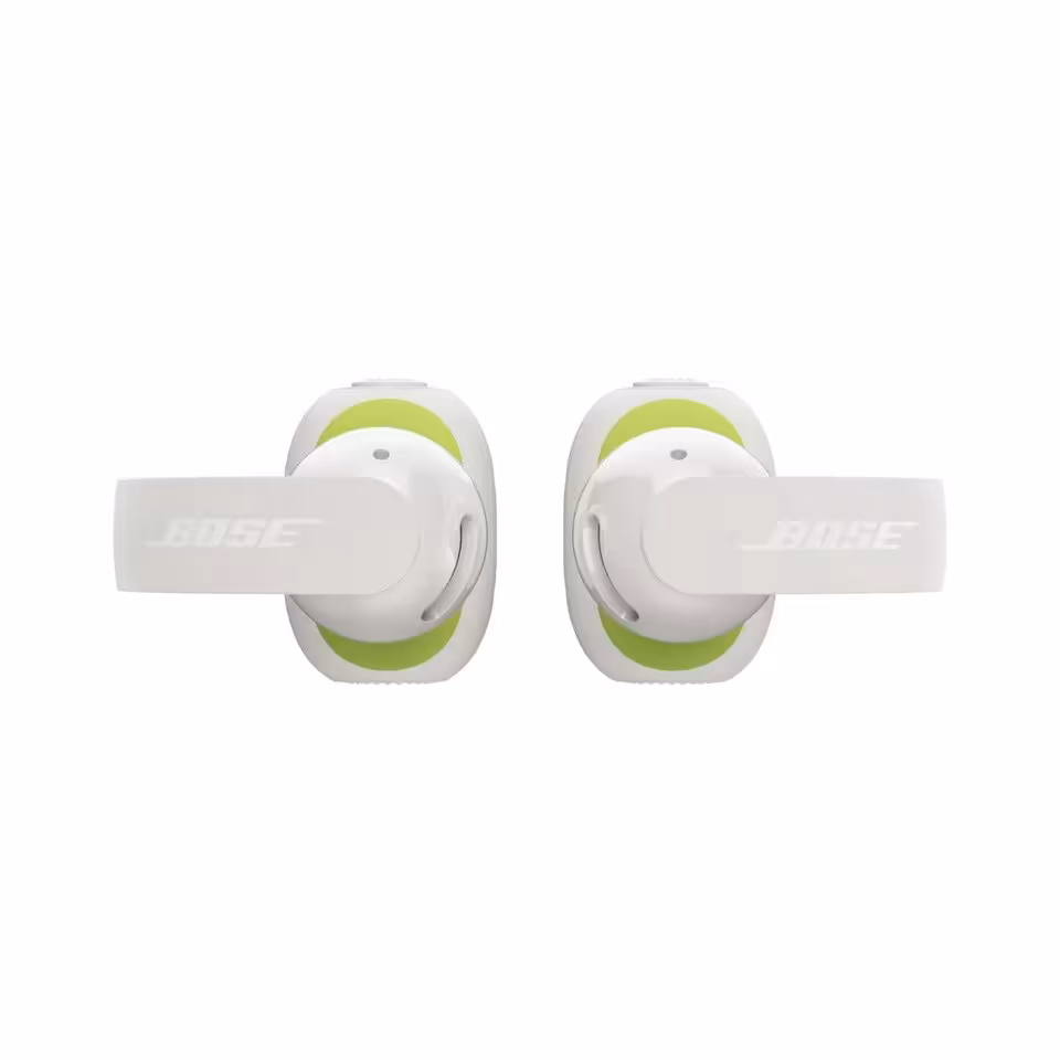 Bose Ultra Open Earbuds blanches avec accents vert clair, vue produit sur fond blanc