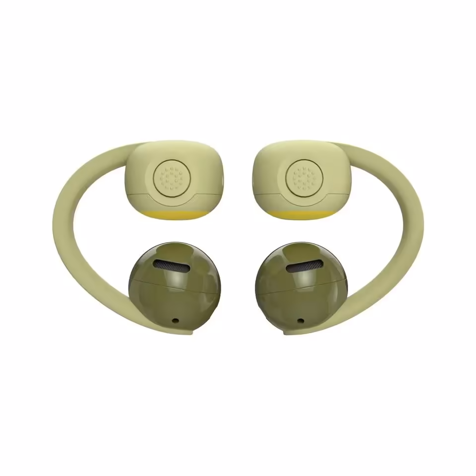 Bose Sport Open Earbuds vert olive, vue arrière avec arceau autour de l’oreille