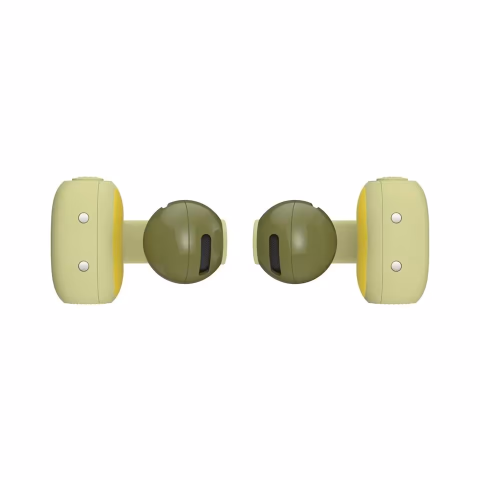 Bose Sport Open Earbuds vert olive et jaune, vue latérale des écouteurs sport ouverts