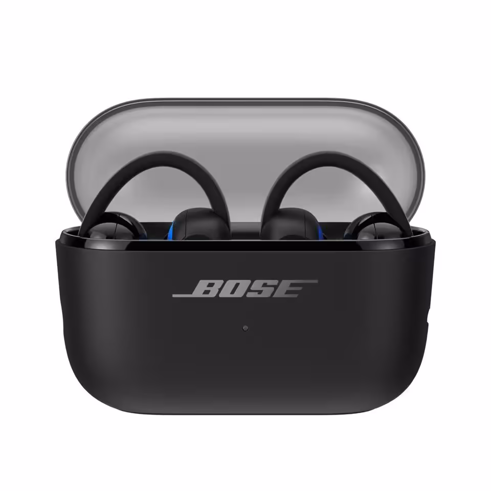 Boîtier de charge Bose Ultra Open Earbuds noir, ouvert avec écouteurs visibles
