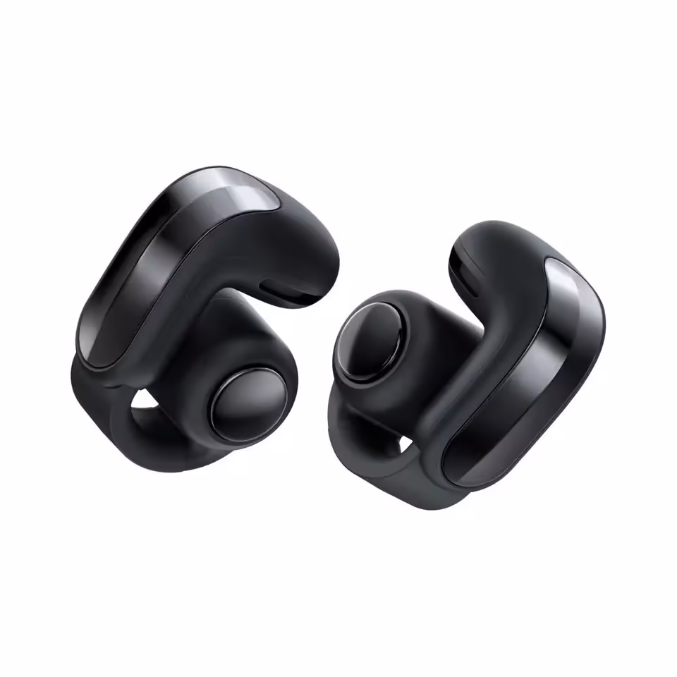 Paire de Bose Ultra Open Earbuds noires, vue produit sur fond blanc
