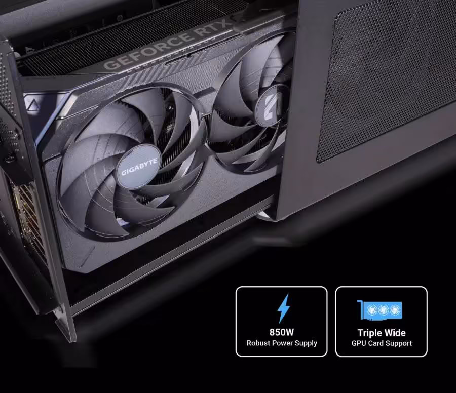 Breakaway Box 850 T5 : Sonnet lance un boîtier eGPU Thunderbolt 5 de 850 W 6 Carte graphique Gigabyte GeForce RTX installée dans le Breakaway Box 850 T5, avec mention 850W et support triple largeur