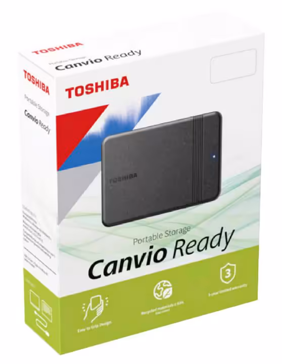 Canvio Ready : Toshiba relance son HDD portable avec coque recyclée et jusqu'à 4 To 4 Boîte du disque dur portable Toshiba Canvio Ready avec visuel produit et logo Toshiba
