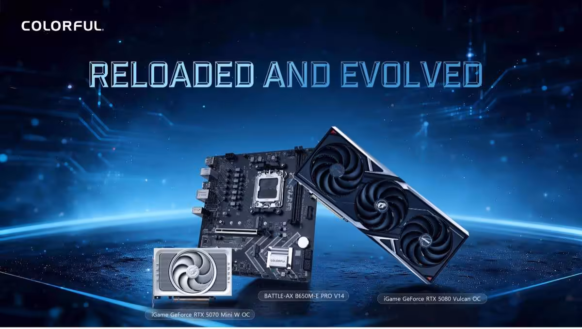 Carte mère Colorful Battle-AX B650M Series Motherboard avec deux modèles affichés, fond bleu technologique
