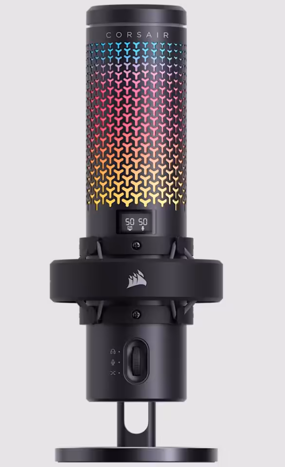 Corsair Voxara : le premier micro USB premium de la marque mise sur Elgato 4 Micro Corsair Voxara noir sur fond blanc, avec grille RGB et support antichoc