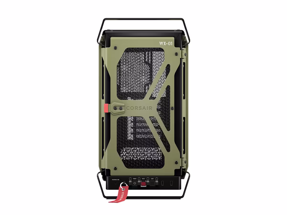Corsair WARTHOG : le boîtier héritier du Vengeance C70 arrive avec 13 ventilateurs 2 Boîtier Corsair WARTHOG vert olive, vue frontale de la façade grillagée et connectique inférieure