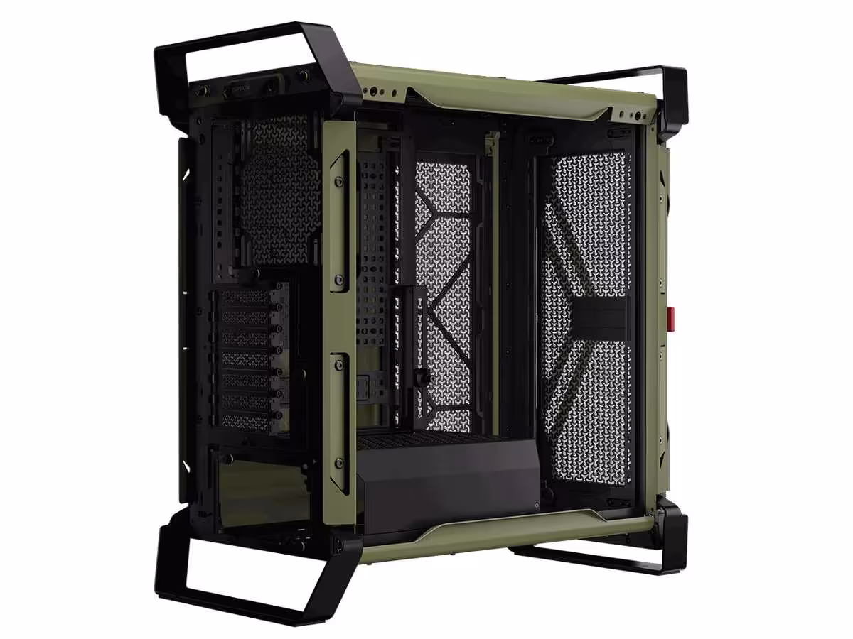 Corsair WARTHOG : le boîtier héritier du Vengeance C70 arrive avec 13 ventilateurs 5 Boîtier Corsair WARTHOG ouvert en vue arrière, révélant l’intérieur et les panneaux mesh