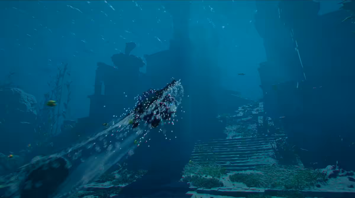 Scène sous-marine avec personnage nageant vers des ruines englouties et un requin en arrière-plan
