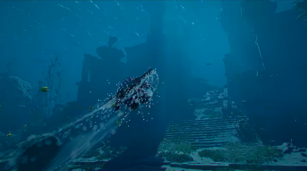 Scène sous-marine de Crimson Desert avec un nageur explorant des ruines englouties
