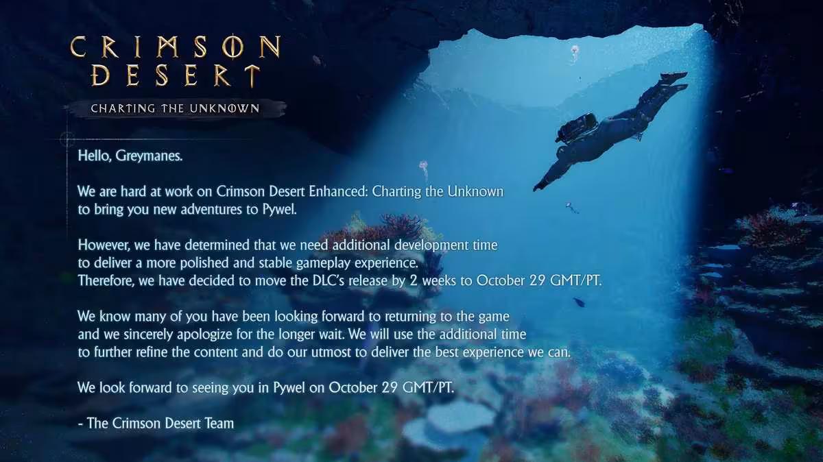 Communiqué officiel Crimson Desert annonçant le report de deux semaines du DLC Charting the Unknown