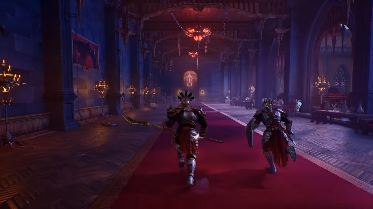Deux guerriers traversent une salle gothique éclairée en rouge, décor de château majestueux