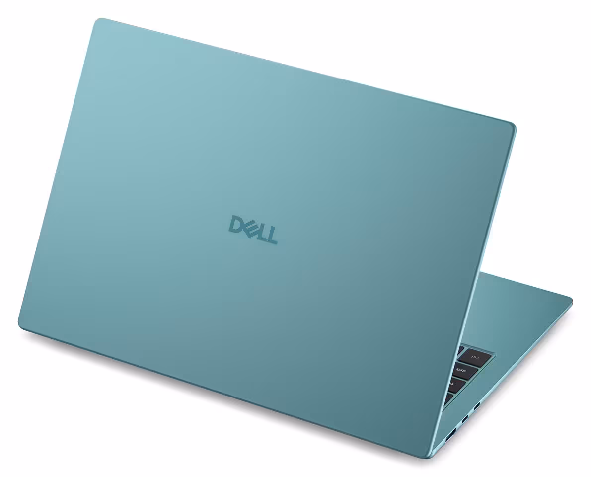 Capot arrière d’un ordinateur portable Dell turquoise, logo Dell centré, machine partiellement ouverte sur fond blanc