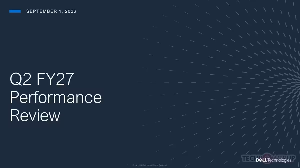 Slide Dell Technologies “Q2 FY27 Performance Review” sur fond bleu sombre, sans photo produit.