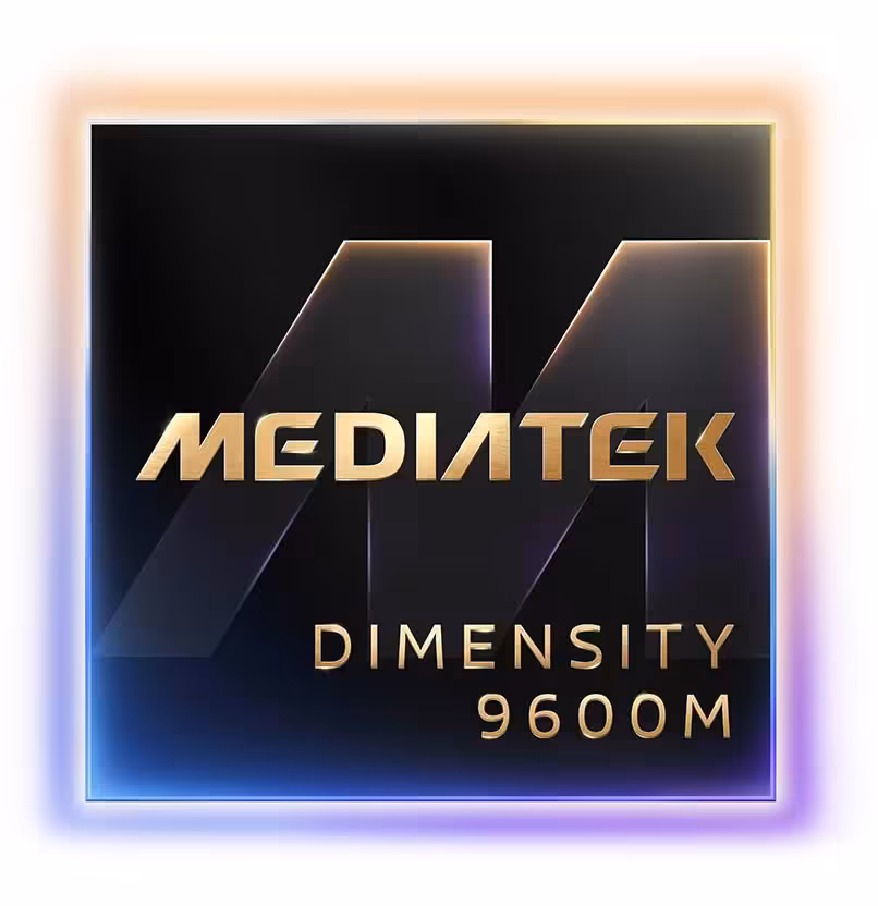 Dimensity 9600 Pro : MediaTek passe au 2 nm et vise le sommet des puces mobiles 5 Puce MediaTek Dimensity 9600M stylisée, rendu 3D sur fond blanc avec bordures lumineuses
