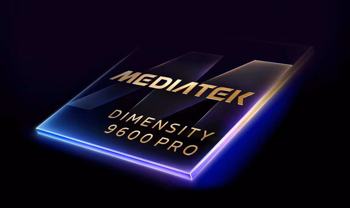 Dimensity 9600 Pro : MediaTek passe au 2 nm et vise le sommet des puces mobiles 2 Puce MediaTek Dimensity 9600 Pro stylisée, rendu 3D sur fond noir avec liserés lumineux néon