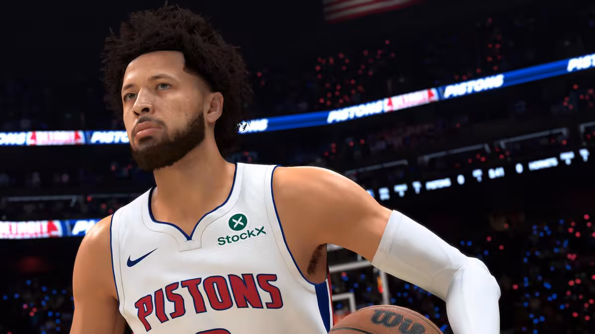 DLSS 5 arrive le 3 septembre avec NBA 2K27, Star Wars Zero Company et Onimusha suivent 3 Joueur NBA 2K27 en maillot Detroit Pistons, dribble en match dans une arène de basket