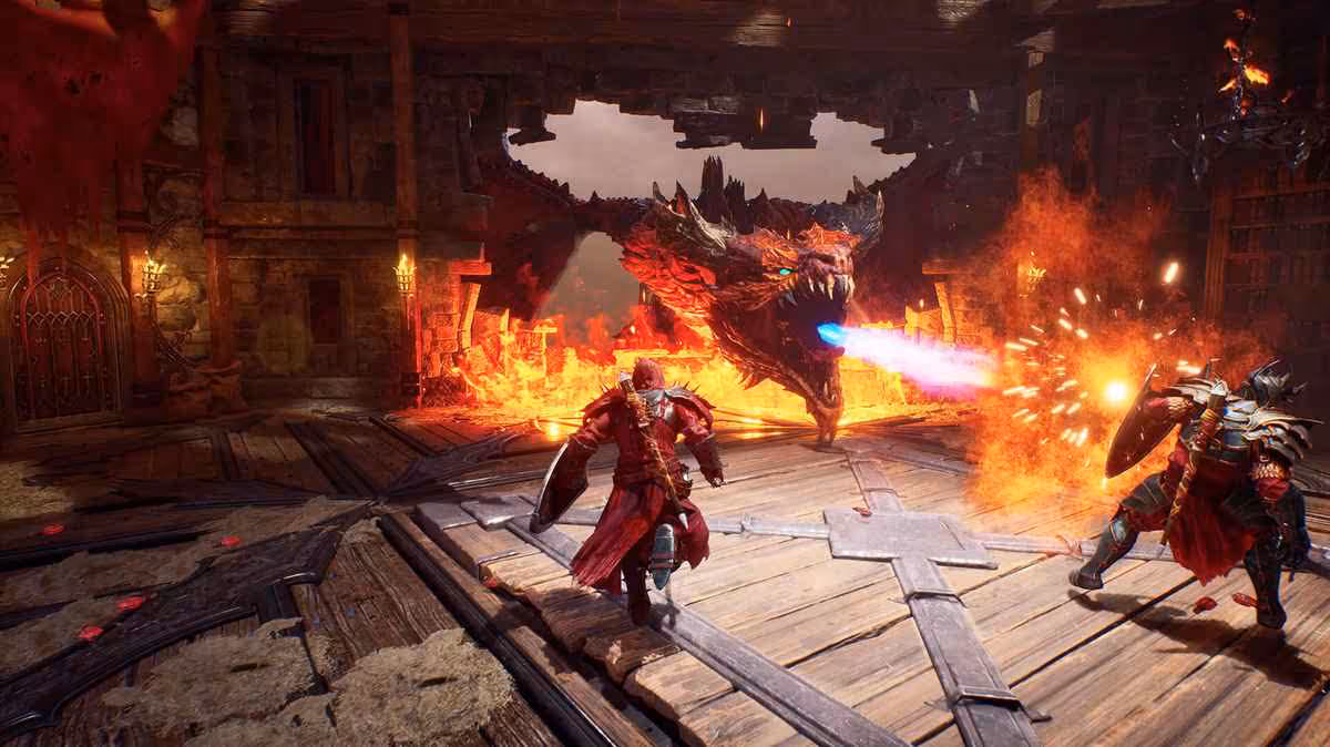 DLSS 5 arrive le 3 septembre avec NBA 2K27, Star Wars Zero Company et Onimusha suivent 5 Capture de gameplay fantasy avec dragon crachant du feu et deux combattants dans une salle en bois