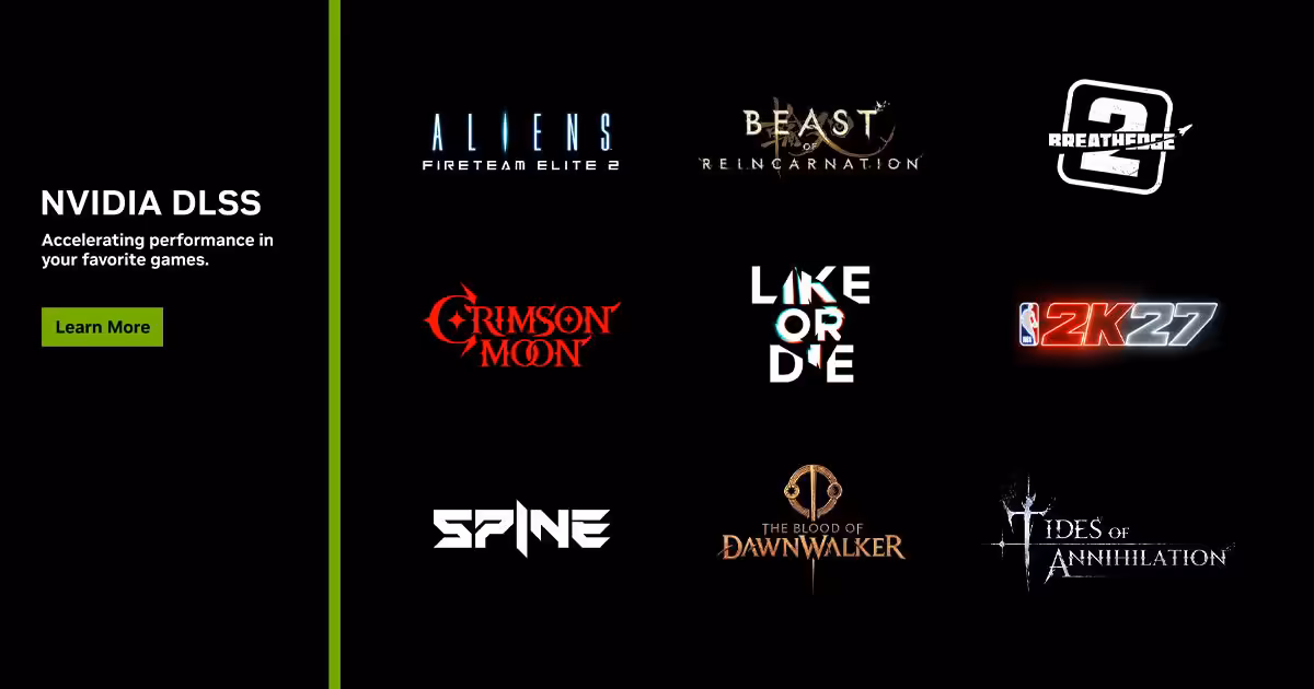 DLSS 5 arrive le 3 septembre avec NBA 2K27, Star Wars Zero Company et Onimusha suivent 2 Visuel NVIDIA DLSS avec logos de jeux compatibles, dont NBA 2K27, Crimson Desert et Star Wars Zero Company