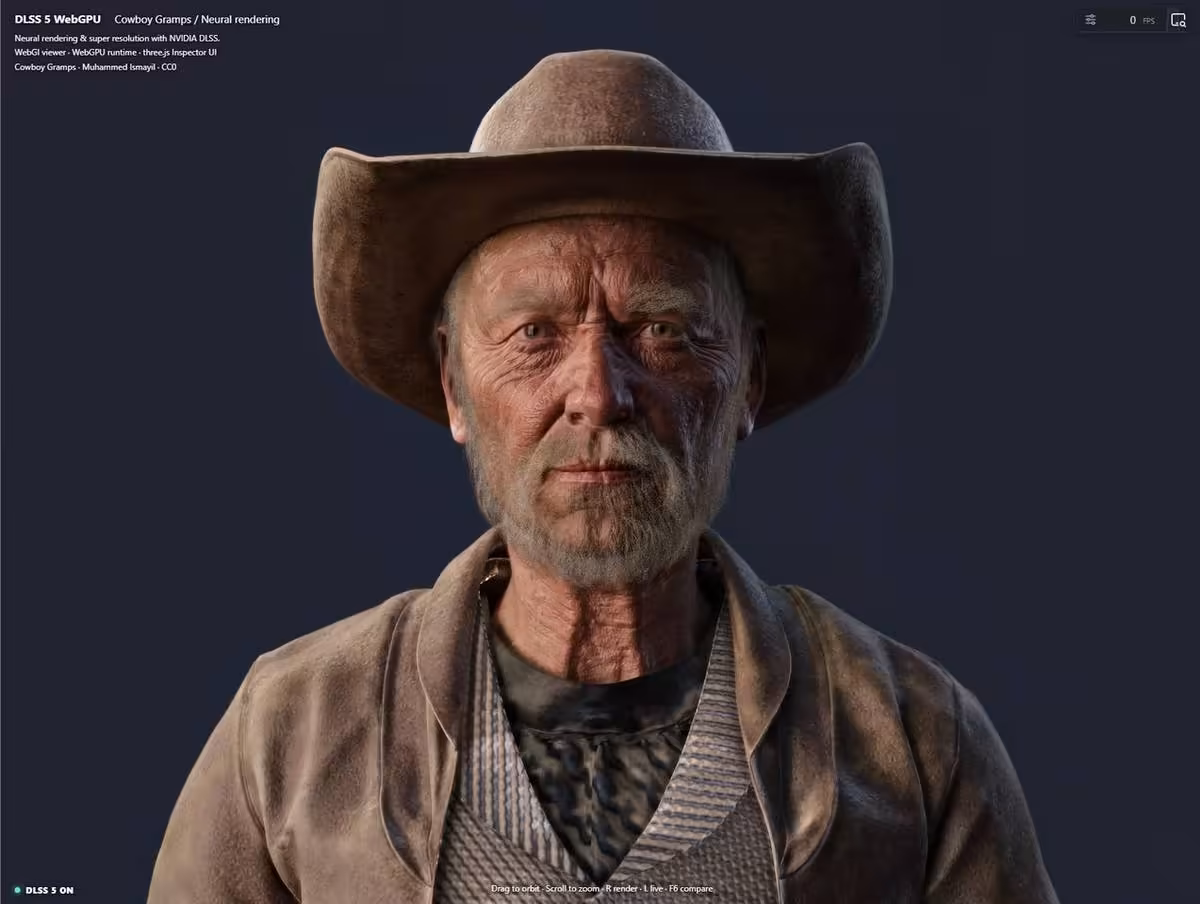 DLSS 5 dans le navigateur : une démo WebGPU fait tourner le rendu neuronal de NVIDIA 3 Portrait d’un cowboy 3D âgé, chapeau marron et veste, rendu DLSS 5 WebGPU sur fond sombre