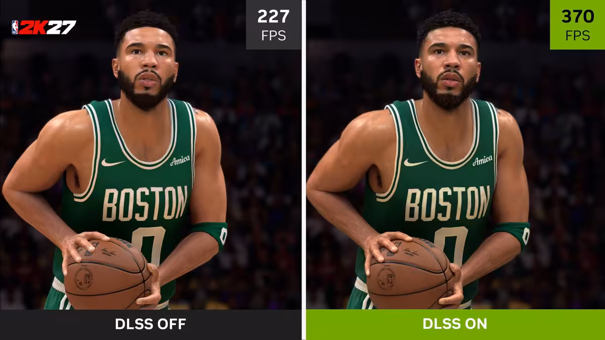 Comparatif NBA 2K27 avec joueur des Boston Celtics, DLSS off à 227 FPS et DLSS on à 370 FPS