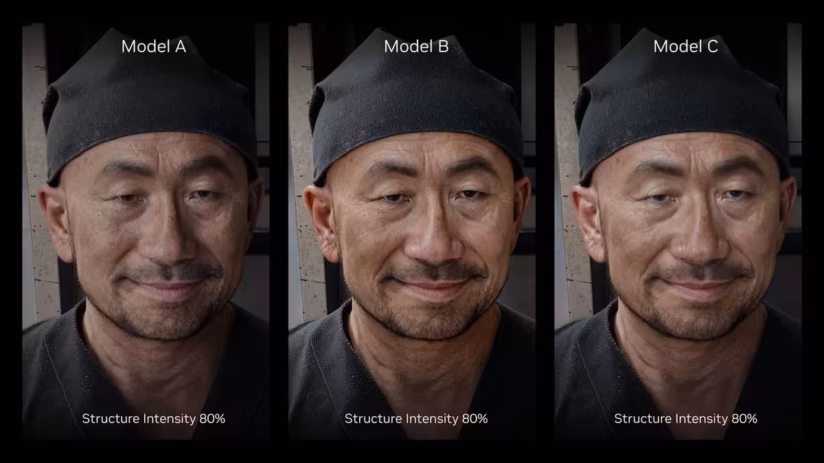DLSS 5 : RPCS3 refuse toute intégration et juge le rendu incompatible avec l’émulation 3 Comparatif visages Model A, Model B et Model C avec intensité de structure 80%