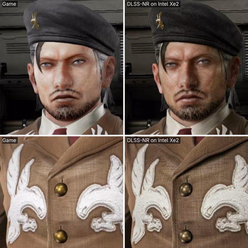 DLSS 5 sur Intel Arc 140V : un port IA fait tourner Neural Rendering à 10 FPS 3 Portrait masculin de jeu, comparaison avant/après DLSS-NR sur Intel Xe2