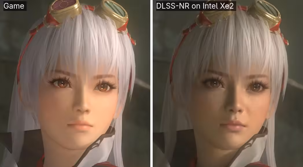 DLSS 5 sur Intel Arc 140V : un port IA fait tourner Neural Rendering à 10 FPS 2 Portrait de personnage de jeu, comparaison avant/après DLSS-NR sur Intel Xe2