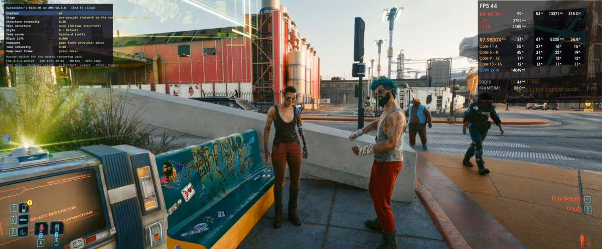 Comparatif Cyberpunk 2077 avec overlays de performances GPU, DLSS-NR activé sur Radeon