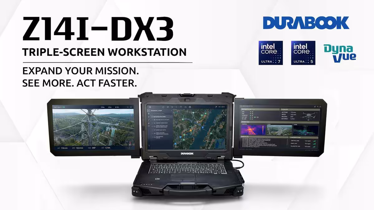 Station de travail Durabook Z14I-DX3 à trois écrans FHD avec logos Intel Core Ultra et Dynabook